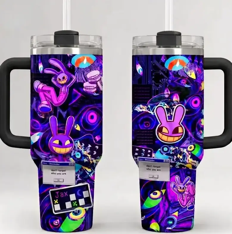 40oz (1183ml) Vacuum Insulated Stainless Steel Jax Tumbler - Purple Rabbit Cartoon Character Style, With Handle, Gift Box & Straw, Single Unit Travel Flask For Digital Circus Fans