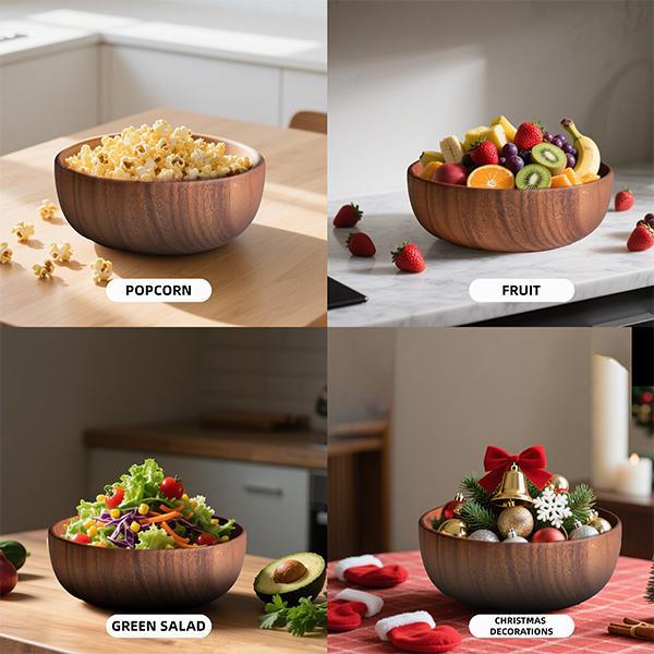 Salad Bowls, Wooden Salad Bowls Set, Large Acacia Wood Serving Bowl for Soup， Fruits，Popcorn，Big Salad Bowl with Serving Utensils（Includes a Spoon And a Pair Of Tongs.）