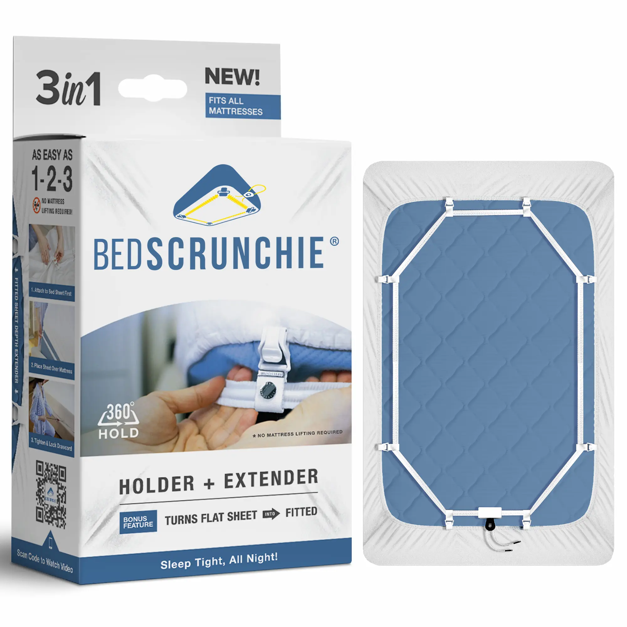 Bed Scrunchie – US Patented 360° Bed Sheet Fastener, Adjustable Fitted Sheet Holder with Strong Elastic Straps, Reinforced Tightening Cord & Durable Clips for All Mattress Sizes