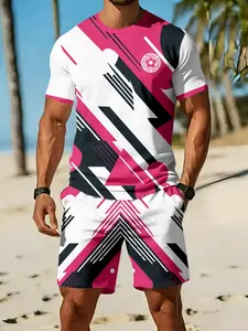 Pink and white geometric football 3D digital printed two-piece set, 2Pcs, trendy and fashionable set, trendy retro casual two-piece set, vacation-style trendy outfit, breathable sporty and casual style, a perfect holiday gift for men