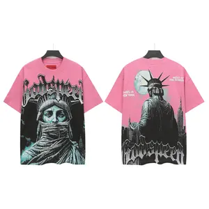 Godspeed American Streetwear Graphic Tee, Vintage Washed Distressed T-Shirt with Artistic Print, Summer Festival & Hip Hop Trend, Unisex Short Sleeve Top