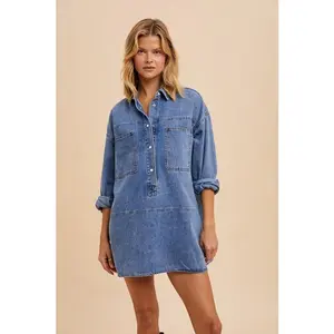 Vintage Washed Denim Tunic - Casual Cotton T-Shirt with Collar, Pockets, and Comfortable Fit for Women