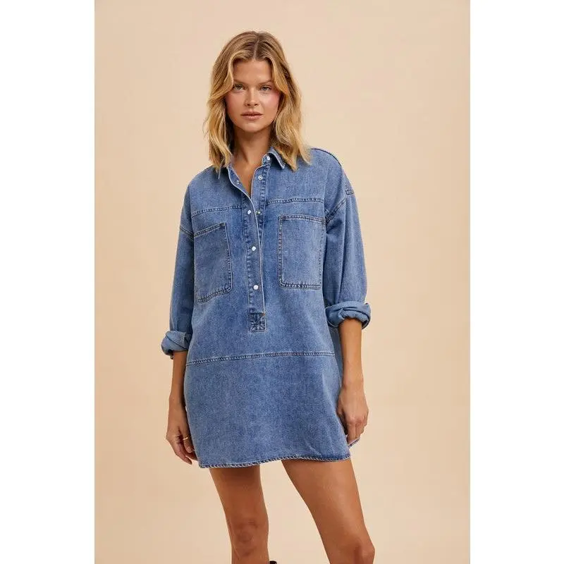 Vintage Washed Denim Tunic - Casual Cotton T-Shirt with Collar, Pockets, and Comfortable Fit for Women