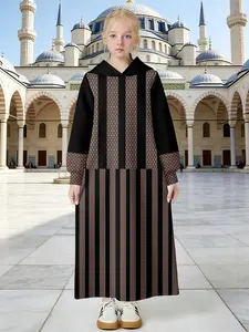 Girls Muslim Dress Lightweight Flowy Super Cute, Long Sleeve Loose-Fitting H-Type Asymmetrical Design, All over Print Casual Wear