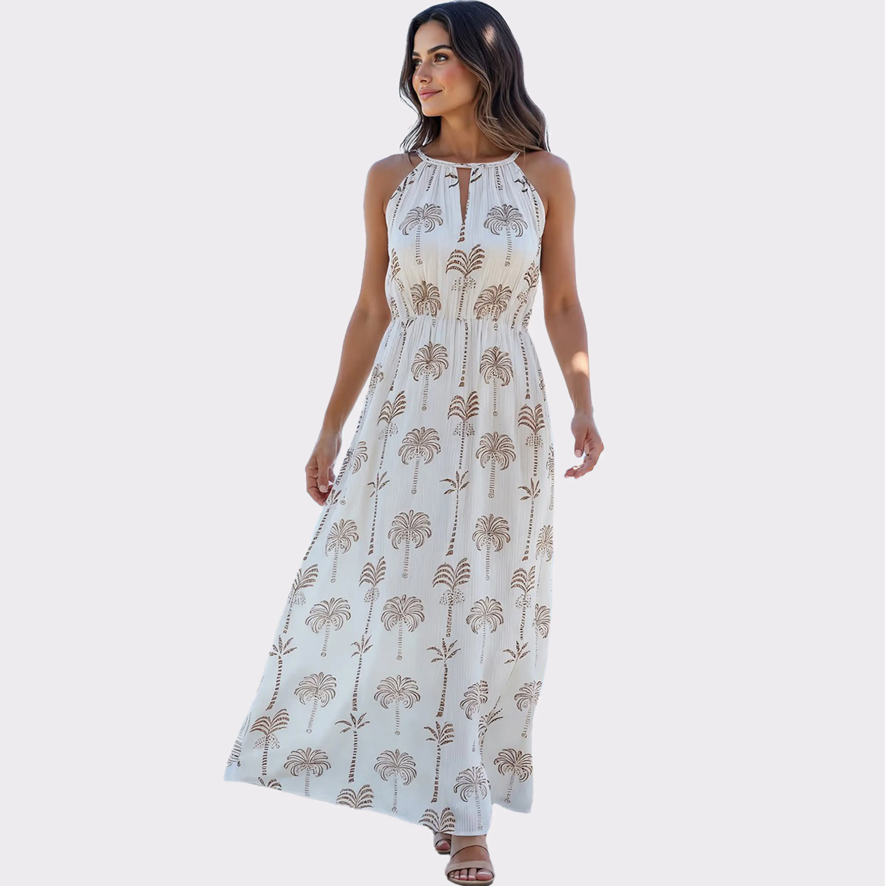 Women's Palm Print High Neck Maxi Dress