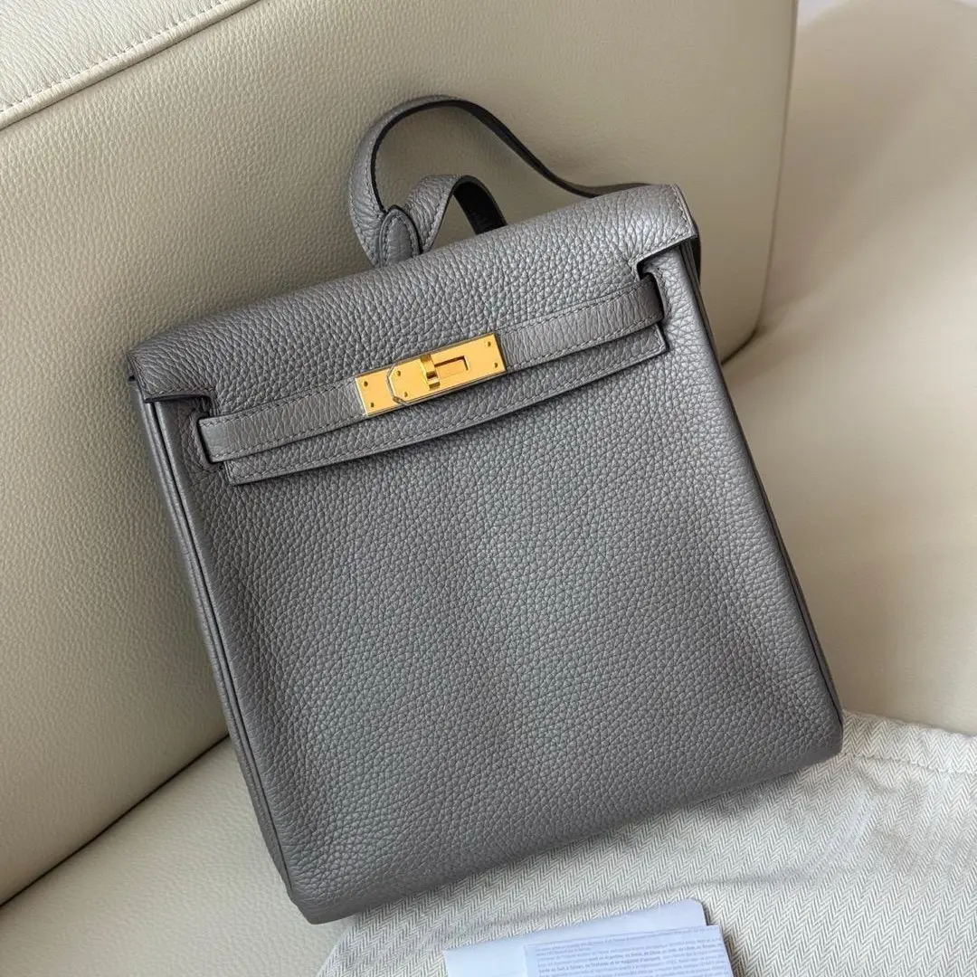 Pre-owned HERMÈS Kelly Ado Backpack 8F Etain Pewter Grey Gold Hardware D‑Stamp Luxury Designer Backpack 2605389