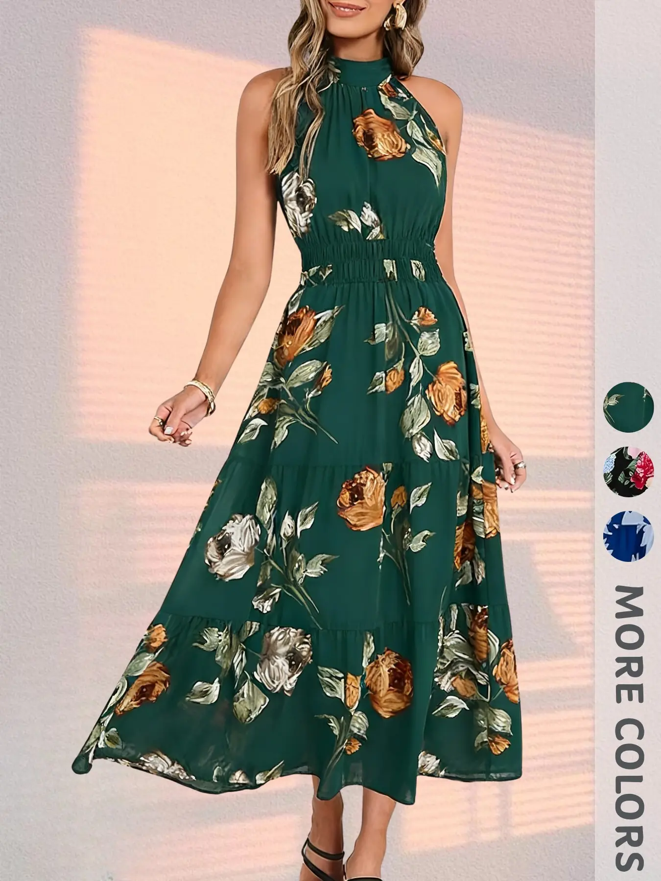 New Summer Women's Halter Sleeveless Floral Print Maxi Dress, Waist Cinch, Double Layer Back Tie Design, Elegant Chic Fashion for Office, Date, Vacation, Versatile Long Dress, casual boho elegant, Elegance