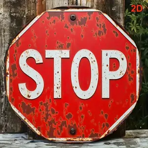 1PC 2D Plane Retro Style 20.32x 20.32cm Round Iron Stop Sign Wall Decor - Red and White Traffic Sign with Weathered Surface, Vintage Garage Signs Suitable for Bars, Coffee Shops, American Themed Restaurants, Retro Home Decor