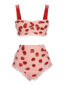 RETRO STAGE Plus Size 1950s Lace Strawberry Cami Tankini Bikini Swimsuit Set - Quick Dry, Bandeau, Halter Style, High Rise Bottoms, Larger, Curvaceous, Size-Inclusive Bikinis Set