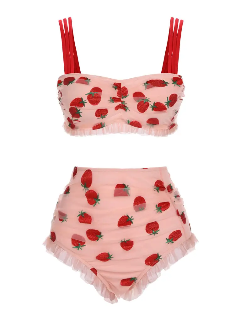 RETRO STAGE Plus Size 1950s Strawberry Print Halter Tankini Swimsuit, 2-Piece Lace Bathing Suit with High Rise Bottoms, Tankini Swimsuits, Plus Size Bathing Suits