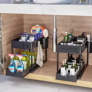 Under Sink Cabinet Basket Organizer, 2 Sets Including Under Sink Shelf Organizer with Hooks & Hanging Cup & Dividers & Handles, Multi-purpose Durable Material Under Sink Storage Rack