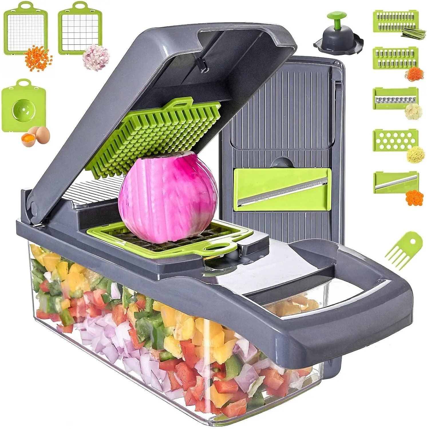 13-in-1 Multi-Use Smooth Kitchen Cutter Utensil - Durable 7-Blade Mandoline Gadget with Plastic Body, Innovative Design, Spice Chopper, Veggie Dicer, Onion & Fruit Slicer, 13"l x 4.5"w x 4.7"h Abs Kitchen Tool, Rustproof