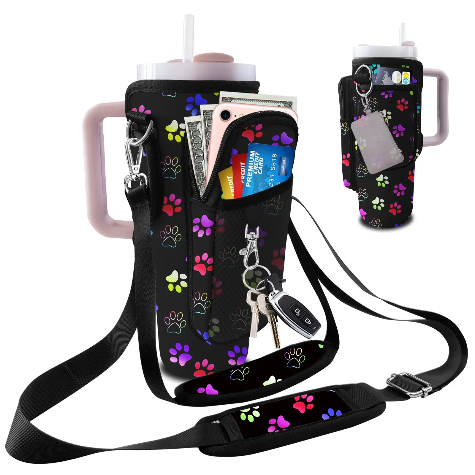 40 oz Tumbler Carrier with Strap Water Bottle Holdeand 30oz Tumbler Carrier with Strap Bottle Holder Dog Paw Stanley Cup Purse Accessories for Hiking Travelling Camping 3 Pockets to Hold More