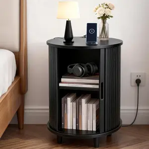 【SummerVibes】 DHH Smart Round Nightstand with Charging Station, 2-Tier Circular End Table with Fluted Tambour Door & Hidden Storage, Modern Bedside Table for Bedroom & Living Room outdoorfun