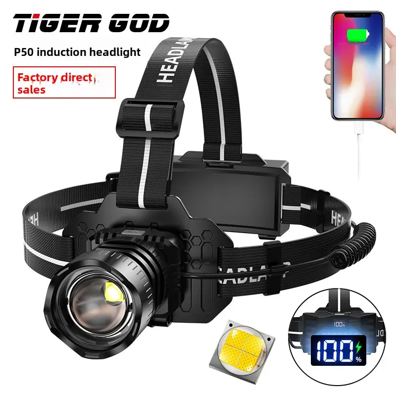 Smart P50 Zoom High-Lumen LED Headlamp with Torch Head, Type-C Rechargeable Cordless LED Flashlight, IP67 Rated Sensor Light for Outdoor Camping, Spelunking (Sports & Outdoor Water Sports Diving Gear)