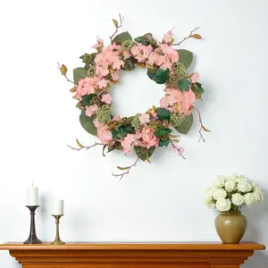 360 Stand 35 in. Pink & Green Realistic Artificial Hydrangea Wreath - Classic Decorative Circle, Hanging Traditional Home Decor, Fake Plant Ornament, Ideal Gift for Home Supplies Enthusiasts, Realistic Flowers