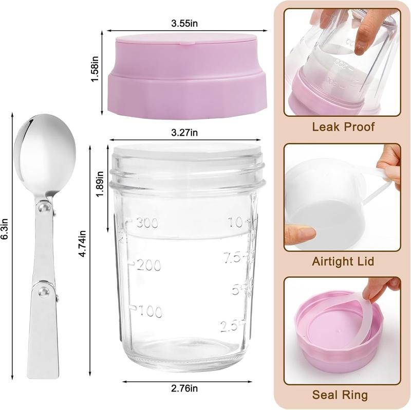 16oz Overnight Oats Jars, Yogurt Containers with Lids and Folding Spoons, 4 Pack Leak-Proof Wide Mouth Mason Jars Divided Compartments for Fruit & Nuts, Glass Jars with Measure Marks for Cereal Salad