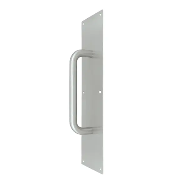 Satin Stainless Steel Pull Plate with Handle (4"x16", 8" CTC), Corrosion & Weather Proof Bath Door Hardware, 1-Year Finish, 25-Case Pack Door Plates