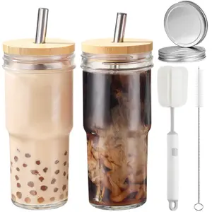 2-Pack 24 oz Glass  with Bamboo Lids & Straws | Airtight Reusable Tumblers for Smoothies, Iced Coffee, and Bubble Tea