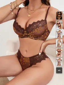 Lingerie Set Lace Detail Mesh Underwire See Through Bra Panty Set Romantic Date Night