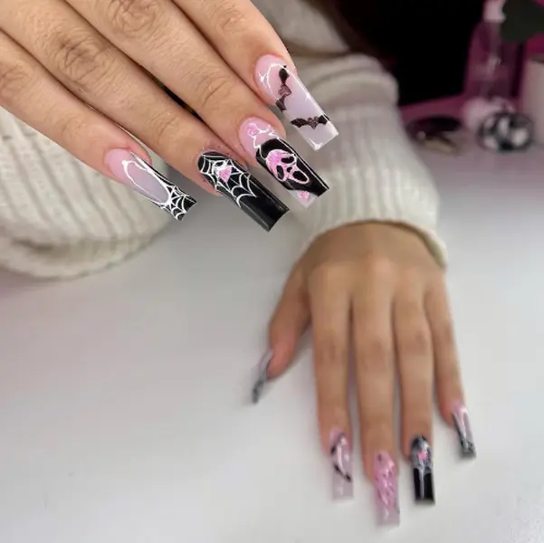 Spooky Halloween Press On Nails Extra Long Square Black Pink Fake Nails with Scream Ghost Face Spider Web Bats Art Full Cover False Nails Dark Goth Y2K Edgy Reusable Acrylic Manicure Kit for Women Cosplay Party Salon Quality Trendy