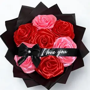 Luxury Ribbon Rose Bouquet with 'I love you' Ribbon Bow and Pink and Red Rose Accents