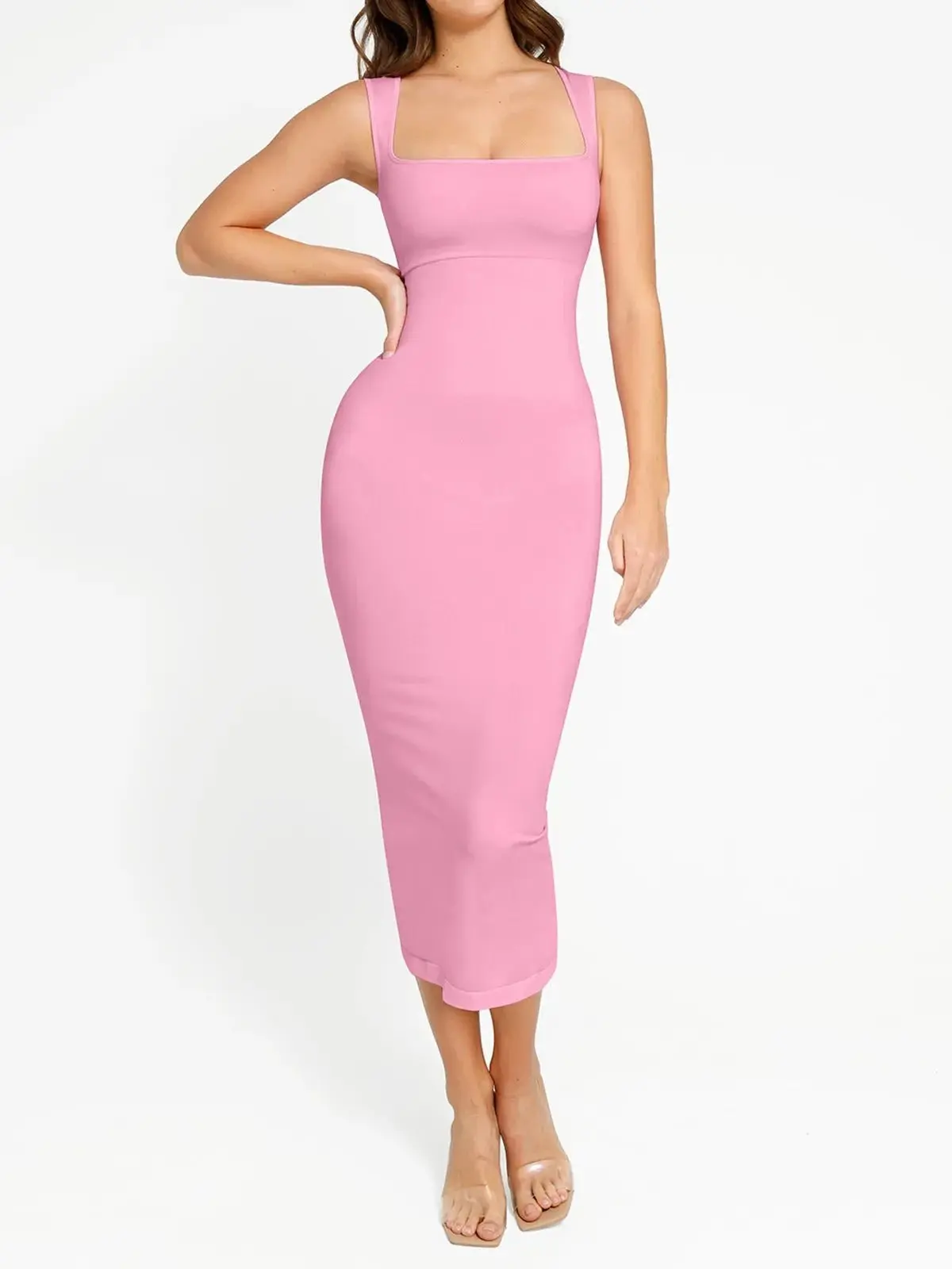 Popilush Women's Shapewear Sleeveless Square Neck Slimming Seamless Dress Tummy Control Slim Fit Bodycon Dress
