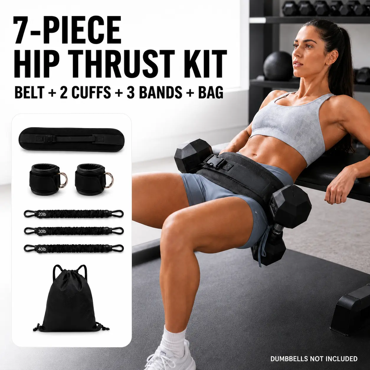 7-Piece Hip Thrust Belt Kit - Butt Workout Equipment with 20/30/40 lb Resistance Bands, Padded Dumbbell Belt, Ankle Cuffs, Carry Bag for Glute & Leg Training | Exercise Fitness Accessories, Gym Training Gear for Resistance Band Workout, Exercise Fitness E