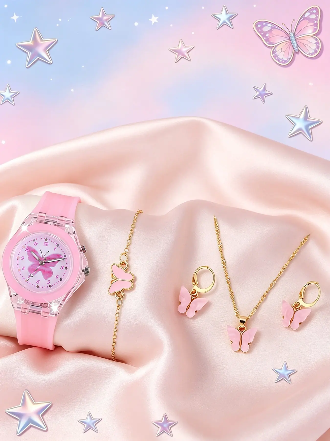 Cute Girly Silicone Butterfly Glowing Quartz Child Watch Set, Butterfly Bracelet Necklace Earrings Jewelry, Best Birthday Gift for Kids