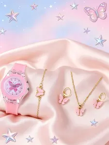 Cute Silicone Butterfly Glowing Quartz Child Watch Set, Butterfly Bracelet Necklace Earrings Jewelry, Best Birthday Gift for Kids