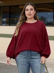 Women's Plus Size Casual Loose-Fit Top Knitwear, Cute Round Neck Batwing Sleeve Knitted Fabric, Soft Elastic Lightweight Fall Winter Fashion