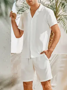 Men's Solid White 2-Piece Loungewear Set - Short Sleeve Camp Collar Shirt & Matching Drawstring Shorts, Ultra-Soft Breathable Fabric, Relaxed Fit for At-Home Lounging, Lazy Weekends & Casual Sleepwear