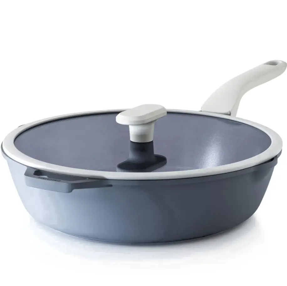Aluminium Ceramic Nonstick 12-in Deep Frying Pan with Glass Lid, 4.8 qt Cookware Saute Pan with Double Pour Spout, Induction Compatible, Dishwasher Safe
