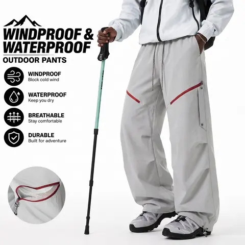 Men's Casual Loose-Fit Polyester Cargo Pants, Outdoor Windproof Waterproof Hiking Pants with Breathable Wear-Resistant Fabric, Elastic Drawstring Waistband, Contrasting Zipper, Multiple Pockets, Adjustable Legs for Trekking Camping