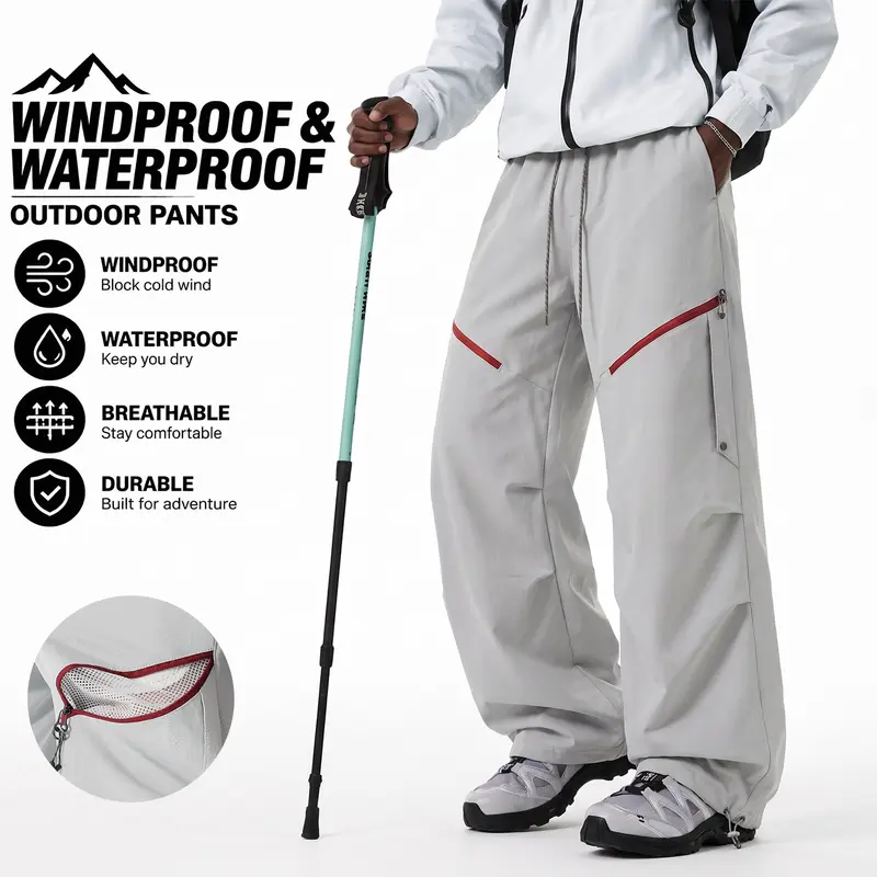 Men's Casual Loose-Fit Polyester Cargo Pants, Outdoor Windproof Waterproof Hiking Pants with Breathable Wear-Resistant Fabric, Elastic Drawstring Waistband, Contrasting Zipper, Multiple Pockets, Adjustable Legs for Trekking Camping