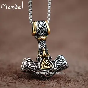 Mens Gold Plated Viking Thors Hammer Valknut Mjolnir Pendant Necklace Men