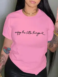 Women's "Enjoy The Little Things" Heart & Slogan Print Round Neck Tee, Fashion Casual Short Sleeve T-Shirt for Daily Holiday Vacation Outdoor Wear, Ladies Clothes for Summer