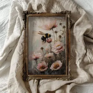 Honey Bee Print Vintage Bee Art Cottagecore Honey Bee Wall Art Beekeeper Wall Art Gift for Beekeeper Gift for Bee Lover Pink Flower Wall Art
