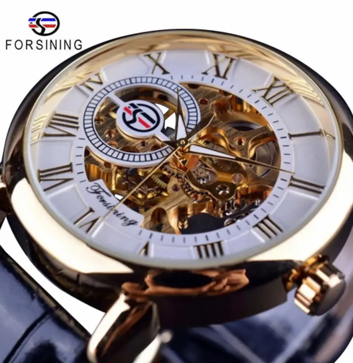 FORSINING Men's Luxury Skeleton Dial Leather Band Watch, Hand-Winding Mechanical Movement, 4cm Diameter, Stainless Steel Case