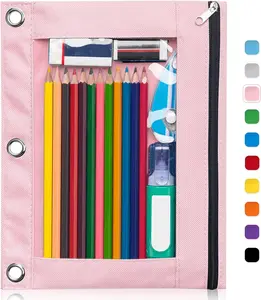 Pencil Pouch for 3 Ring Binder, Binder Pencil Case with Smooth Zipper, Clear Window Pencil Case for Binder, Big Capacity 3 Ring Binder Pencil Bag with 3 Reinforced Grommets, Pink
