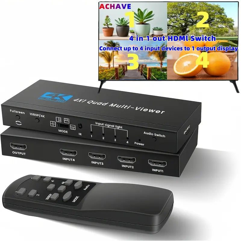 1pc 4K@30Hz HDTV Quad Multi-Viewer Switcher, Seamless 4x1 Output with 5 Display Modes, Push Button Control, IR Remote Included, No Battery Required for TV/PC/STB/DVD