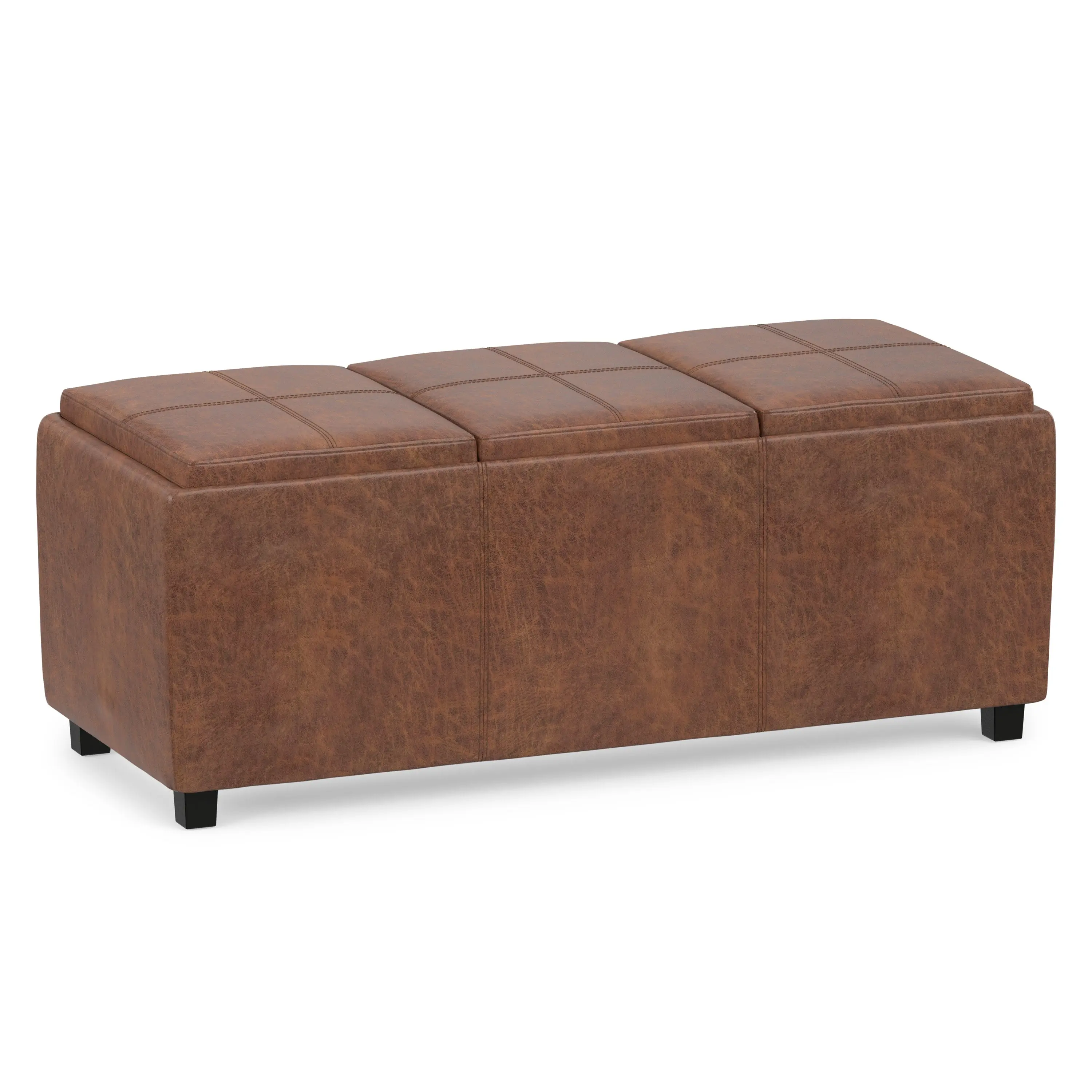 Simpli Home Avalon Rectangular Ottoman with 3 Trays, Distressed Look Vegan Leather, Tray Storage Modern Indoor Furniture Stool, Modern Furniture