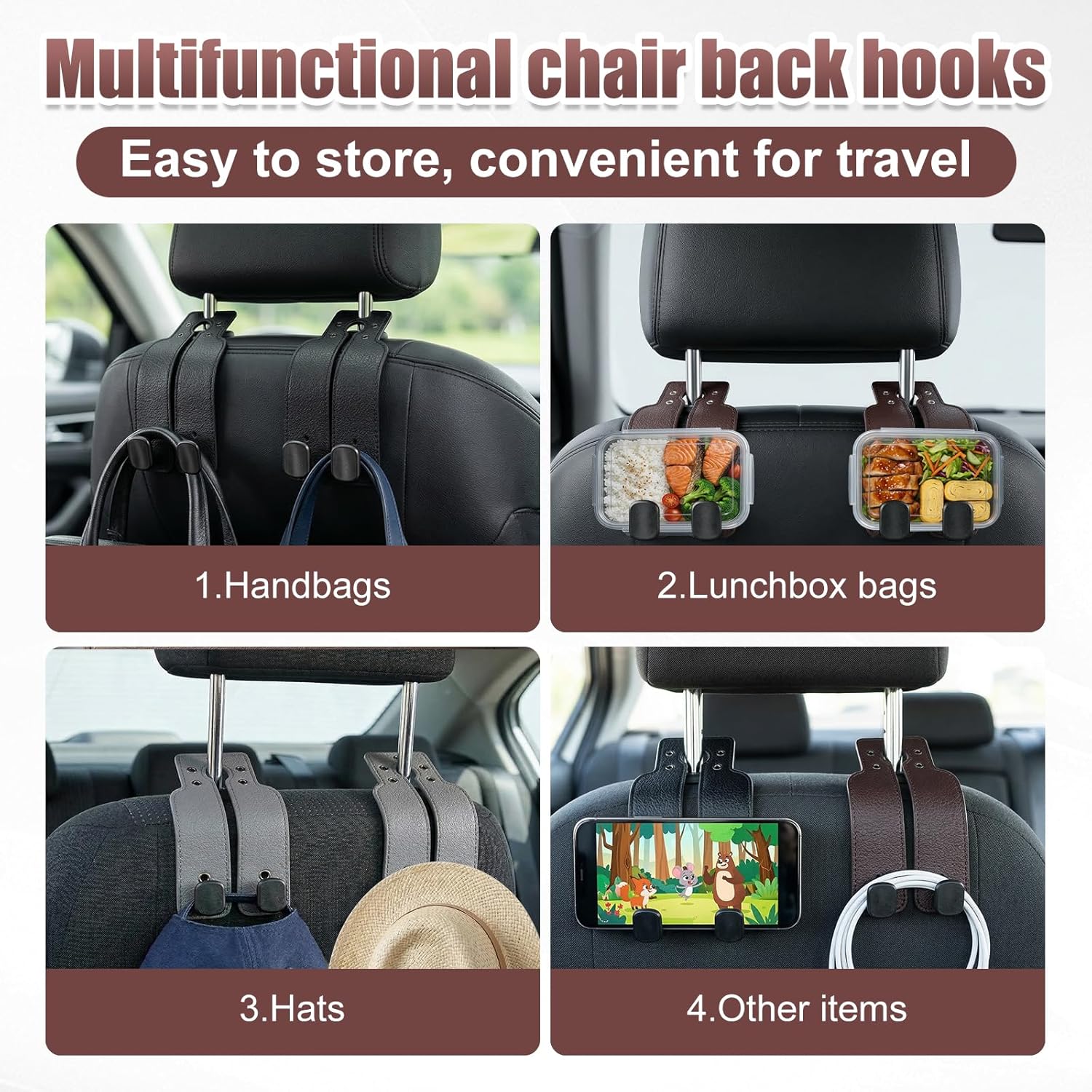 Car Seat Back Storage Hook, Car Purse Hook, Car Seat Hooks for Headrest, Car Hooks for Purses and Bags Cute (Black-2 Pack)