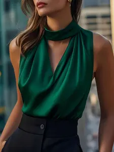 MainGRL Women's Elegant Draped Cowl Neck Blouse - Sophisticated Satin-Like Sleeveless Top, Casual Chic Work-to-Night Woven Shirt