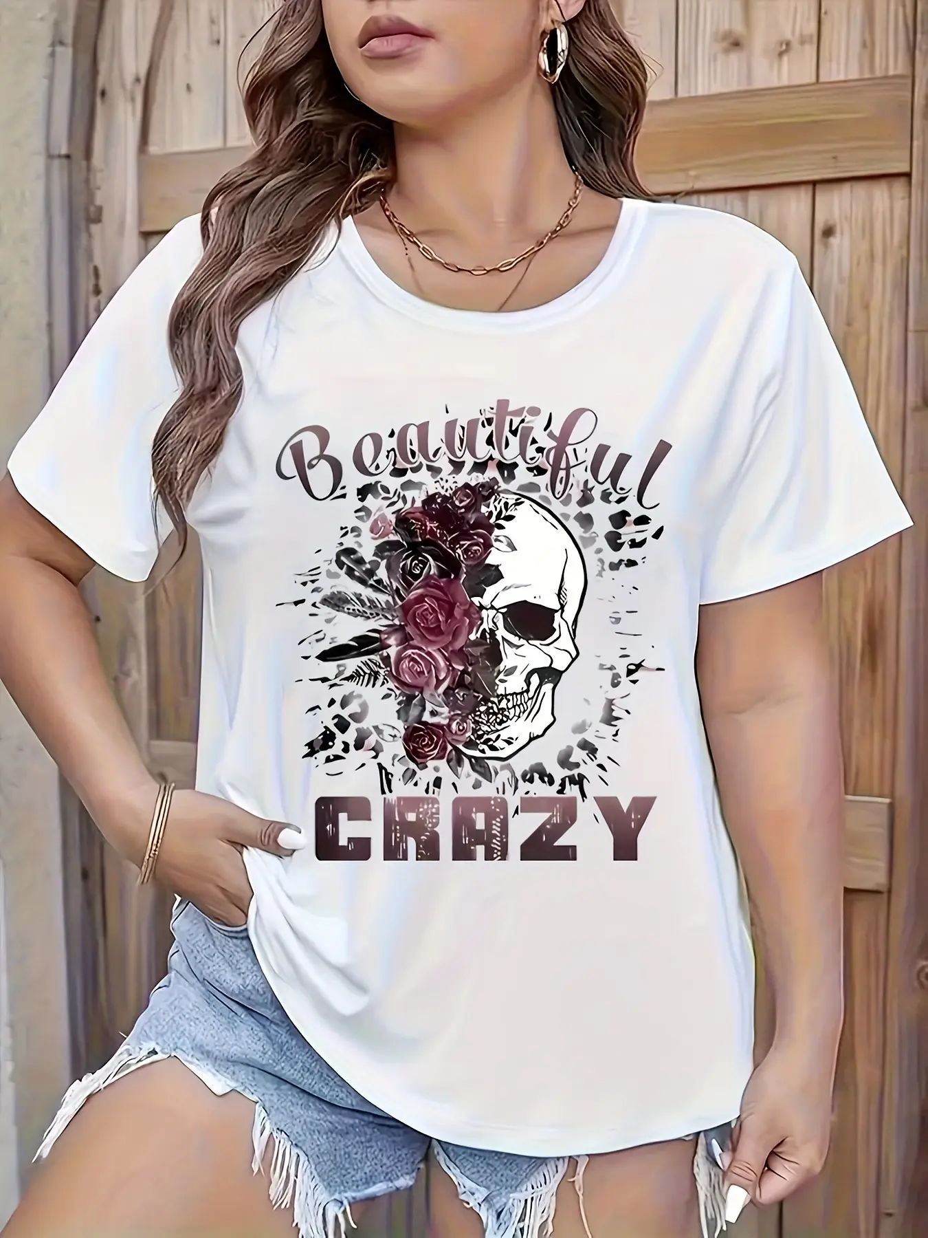 Skull & Letter Print T-shirt, Casual Crew Neck Short Sleeve T-shirt, Women's Clothing