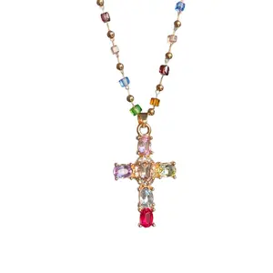 Dopamine Rainbow Cross Pendant – Glass & Copper CZ Choker for Everyday Chic