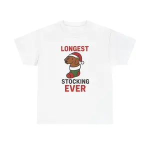 Longest Stocking Ever, Unisex Heavy Cotton Tee, Funny Holiday Shirt, Festive Elf Design, Christmas Party Apparel, Thumbs Up Tee