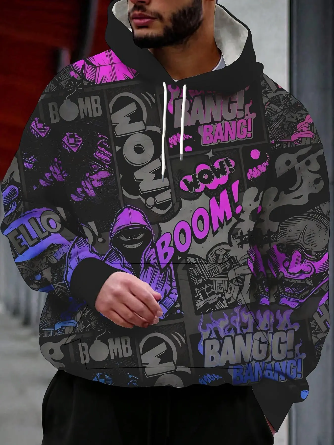 Purple-gray comic graffiti printed hoodie, street-style cool hip-hop look, Streetwear
