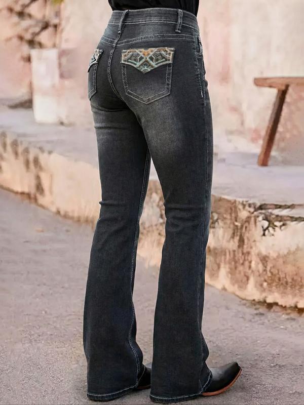 Vintage Embroidered Women's Casual Flare Denim Jeans, Retro Style High Waist Jeans, Comfortable and Stylish Ladies' Fashion