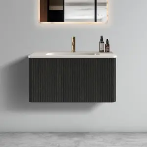 30" Striped Brushed Black Oak Floating Bathroom Vanity with White Ceramic Sink, Bathroom Vanity for Modern Bathroom, One-Piece White Basin without Drain, Pre-assembled